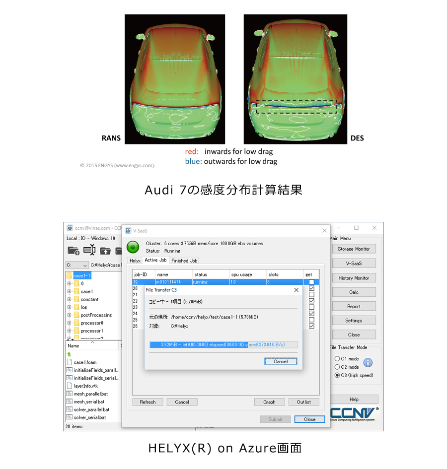 Audi 7の感度分布計算結果、HELYX(R) on Azure画面